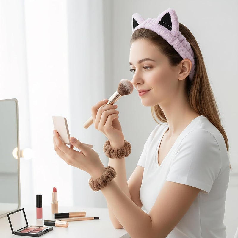 Waliah Cat Ears Headband, Cute Spa Headband and Wristband Set Washing Face Skincare Makeup Headbands for Women Girls Trendy Stuff Present Soft Coral Fleece Hair Accessories(Pink Purple+Khaki) - Image 3